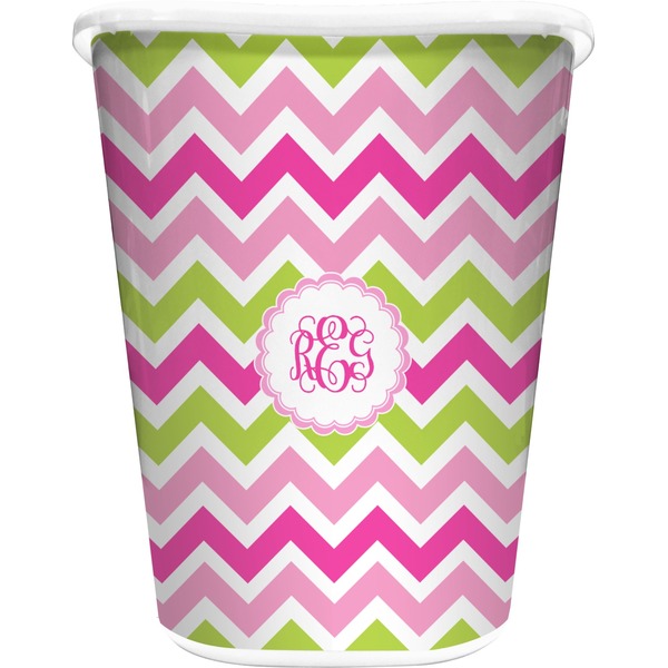 Custom Pink & Green Chevron Waste Basket - Double Sided (White) (Personalized)