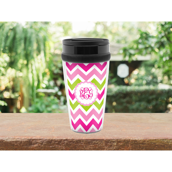 Pink & Green Chevron Travel Mug Lifestyle (Personalized)
