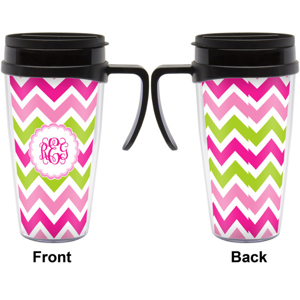 Pink & Green Chevron Travel Mug with Black Handle - Approval