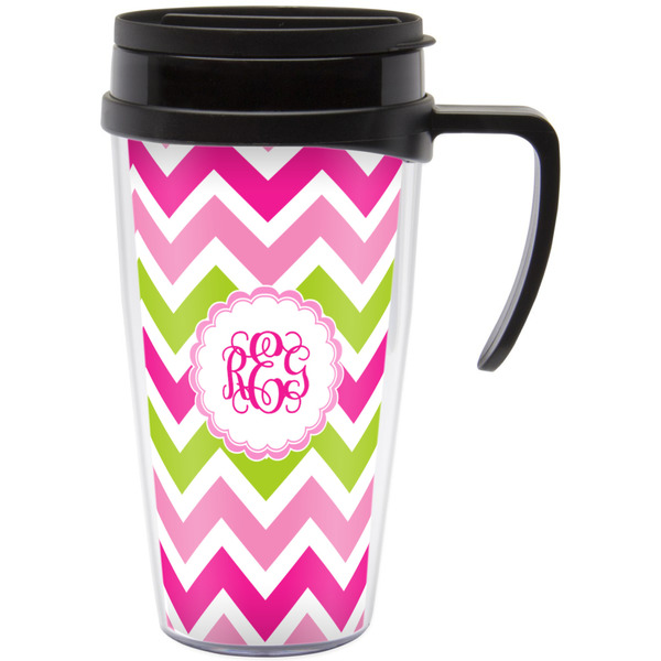 Custom Pink & Green Chevron Acrylic Travel Mug with Handle (Personalized)