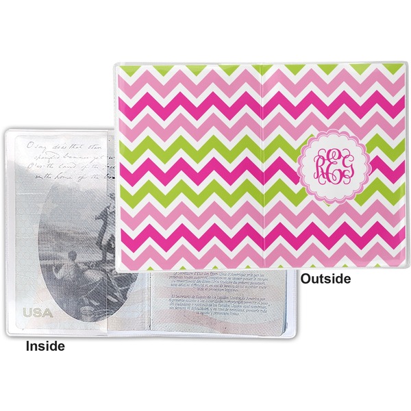 Pink & Green Chevron Vinyl Passport Holder - Flat Front and Back