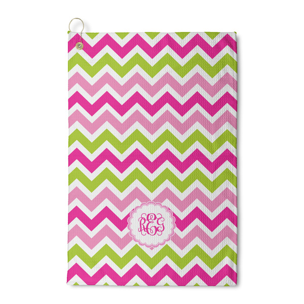 Custom Pink & Green Chevron Waffle Weave Golf Towel (Personalized)