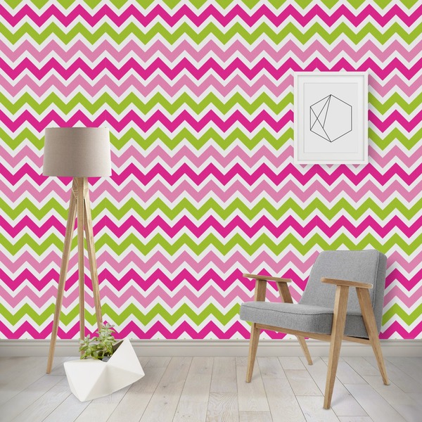 Custom Pink & Green Chevron Wallpaper & Surface Covering (Water Activated - Removable)