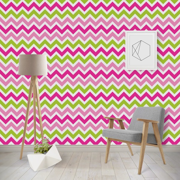 Custom Pink & Green Chevron Wallpaper & Surface Covering (Peel & Stick - Repositionable)