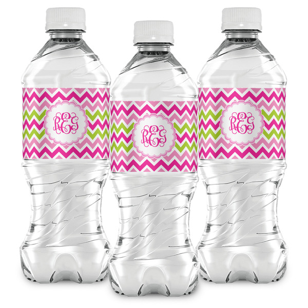 Pink & Green Chevron Water Bottle Labels - Front View