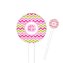 Pink & Green Chevron 4" Round Plastic Food Picks - White - Single Sided (Personalized)
