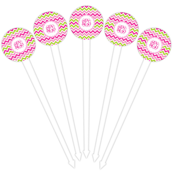 Pink & Green Chevron White Plastic 4" Food Pick - Round - Fan View