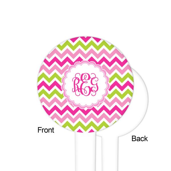 Pink & Green Chevron White Plastic 4" Food Pick - Round - Single Sided - Front & Back