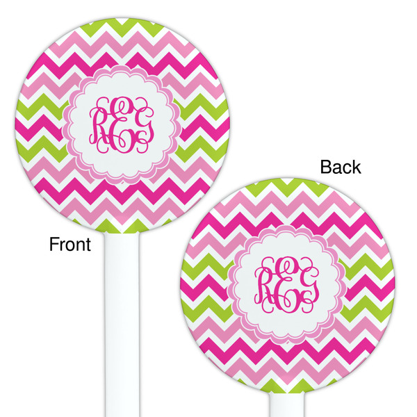 Pink & Green Chevron White Plastic 5.5" Stir Stick - Double Sided - Round - Front & Back
