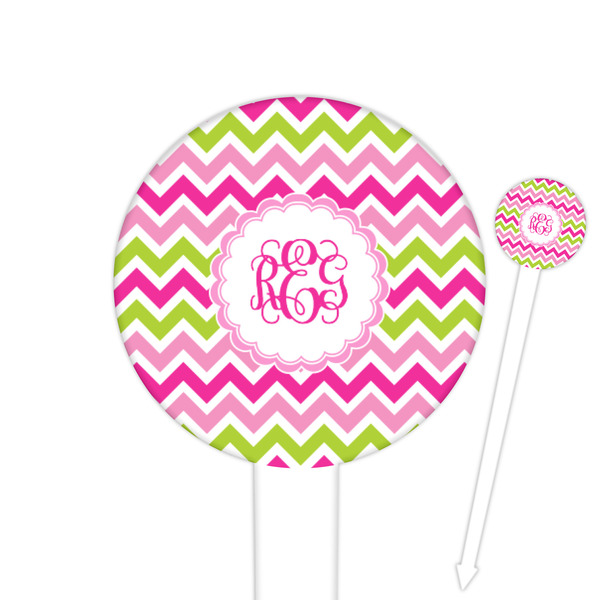 Custom Pink & Green Chevron 6" Round Plastic Food Picks - White - Double Sided (Personalized)