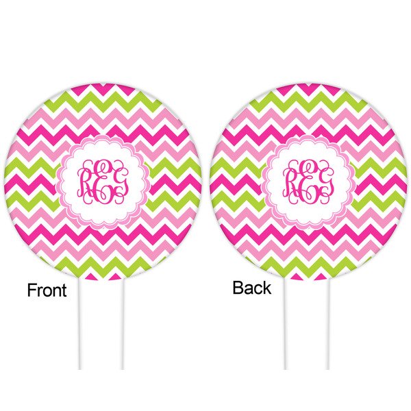 Pink & Green Chevron White Plastic 6" Food Pick - Round - Double Sided - Front & Back