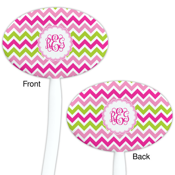 Pink & Green Chevron White Plastic 7" Stir Stick - Double Sided - Oval - Front & Back