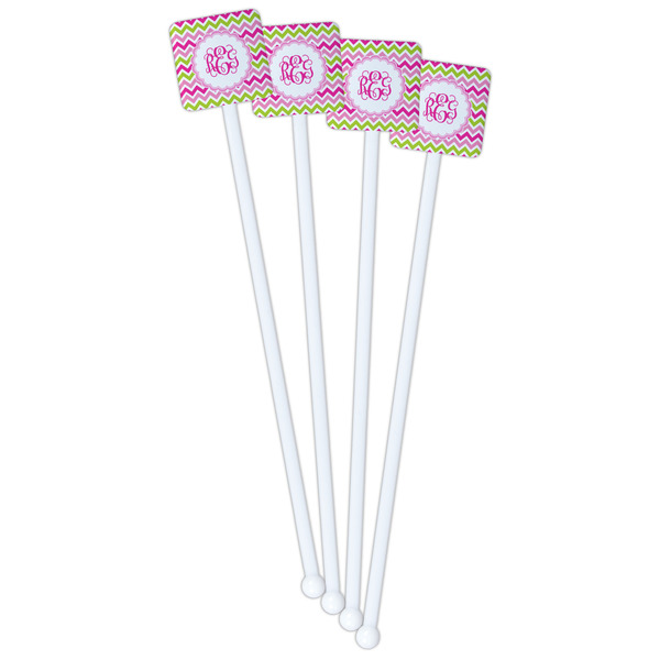 Pink & Green Chevron White Plastic Stir Stick - Double Sided - Square - Front