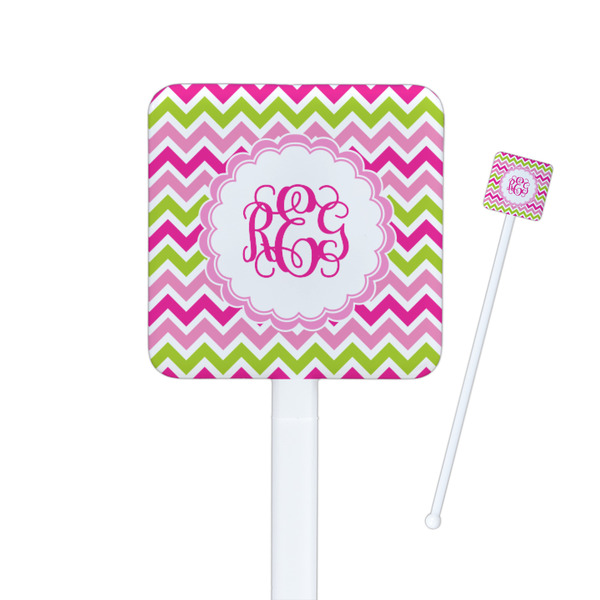 Custom Pink & Green Chevron Square Plastic Stir Sticks (Personalized)