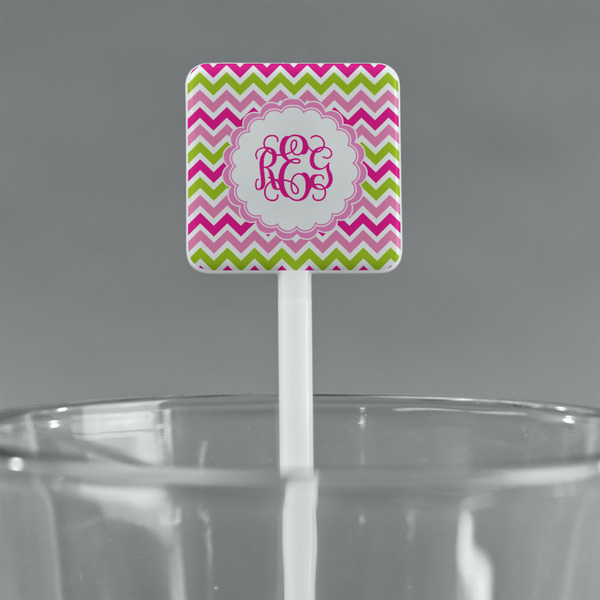 Pink & Green Chevron White Plastic Stir Stick - Square - Main