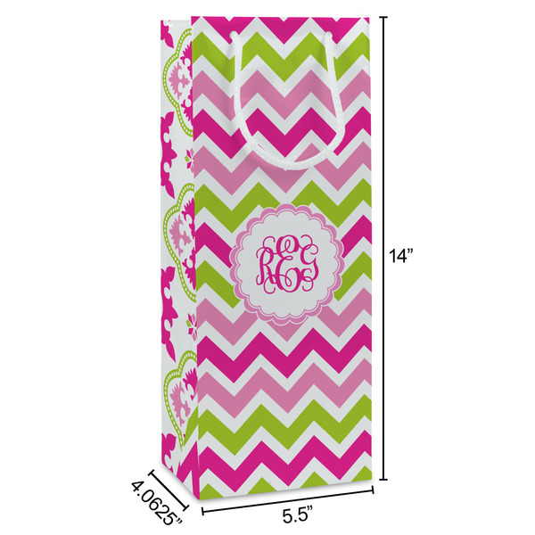 Pink & Green Chevron Wine Gift Bag - Dimensions