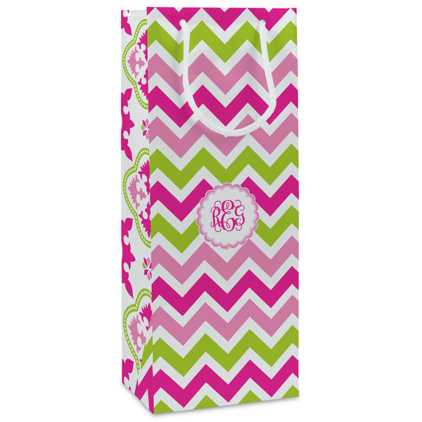 Custom Pink & Green Chevron Wine Gift Bags - Gloss (Personalized)