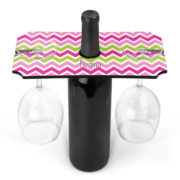 Custom Pink & Green Chevron Wine Bottle & Glass Holder (Personalized)