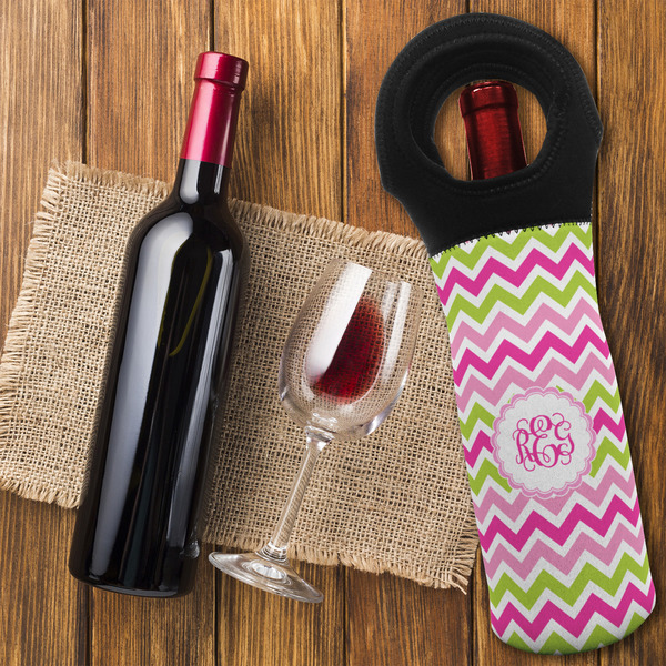 Pink & Green Chevron Wine Tote Bag - FLATLAY
