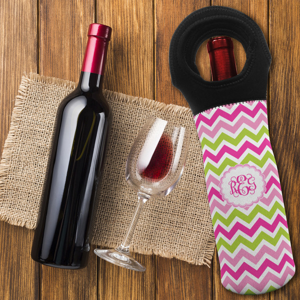 Pink & Green Chevron Wine Tote Bag - FLATLAY