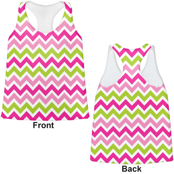 Pink & Green Chevron Womens Racerback Tank Tops - Medium - Front and Back