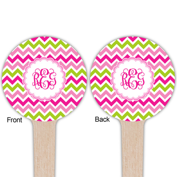 Pink & Green Chevron Wooden 4" Food Pick - Round - Double Sided - Front & Back