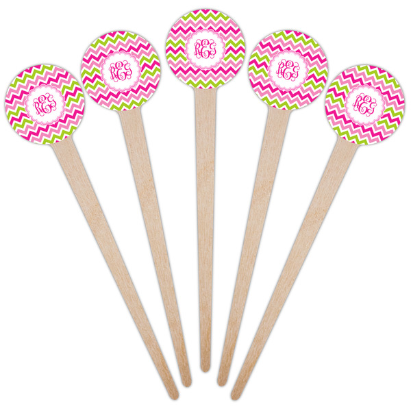 Pink & Green Chevron Wooden 4" Food Pick - Round - Fan View