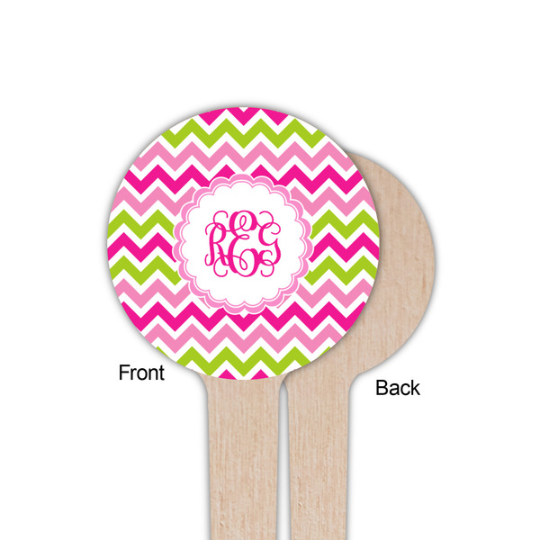 Pink & Green Chevron Wooden 4" Food Pick - Round - Single Sided - Front & Back