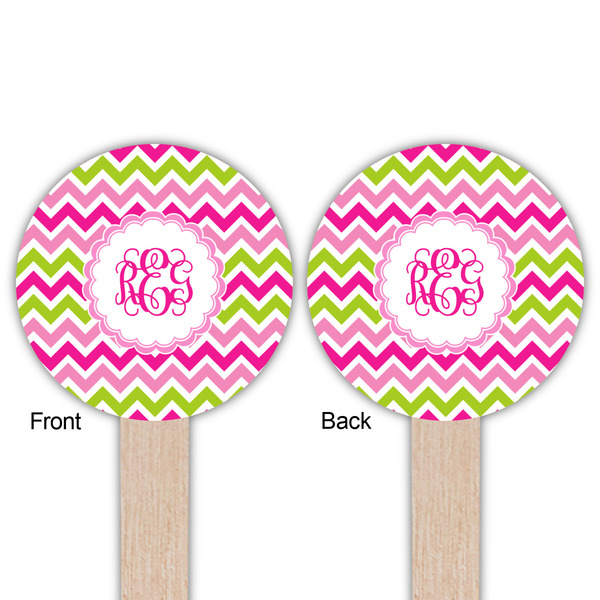 Pink & Green Chevron Wooden 6" Food Pick - Round - Double Sided - Front & Back