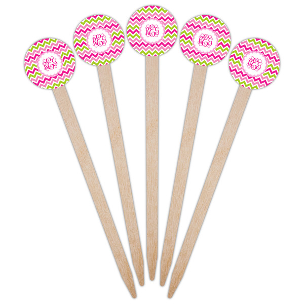 Pink & Green Chevron Wooden 6" Food Pick - Round - Fan View
