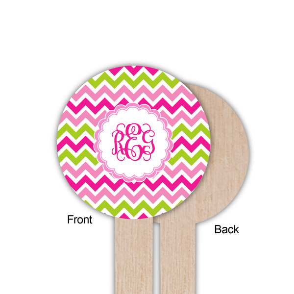 Pink & Green Chevron Wooden 6" Food Pick - Round - Single Sided - Front & Back