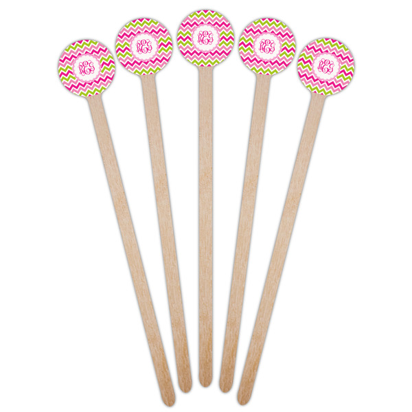 Pink & Green Chevron Wooden 6" Stir Stick - Round - Fan View