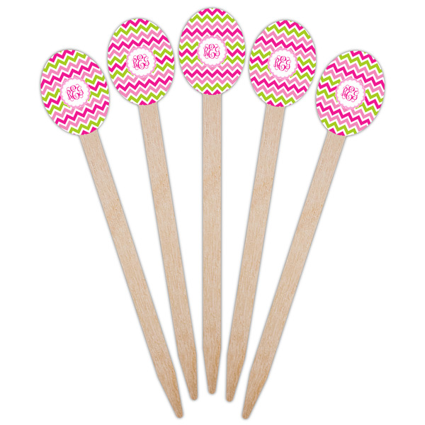 Pink & Green Chevron Wooden Food Pick - Oval - Fan View
