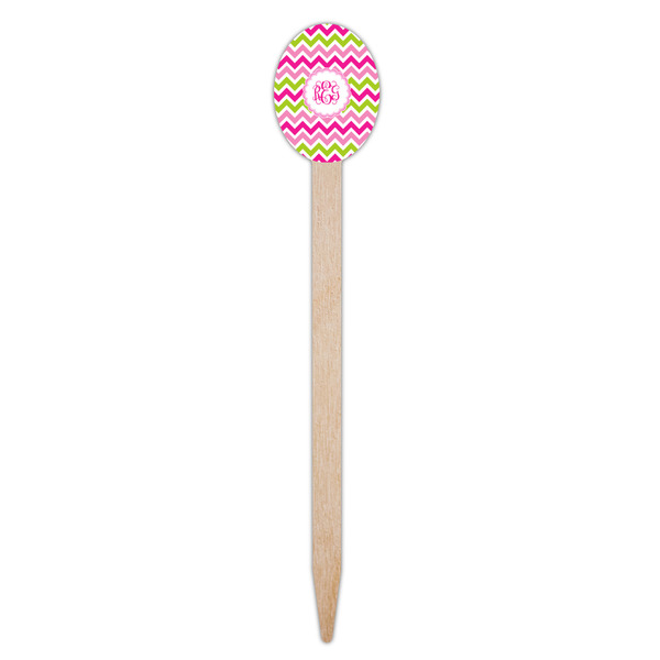 Pink & Green Chevron Wooden Food Pick - Oval - Single Pick