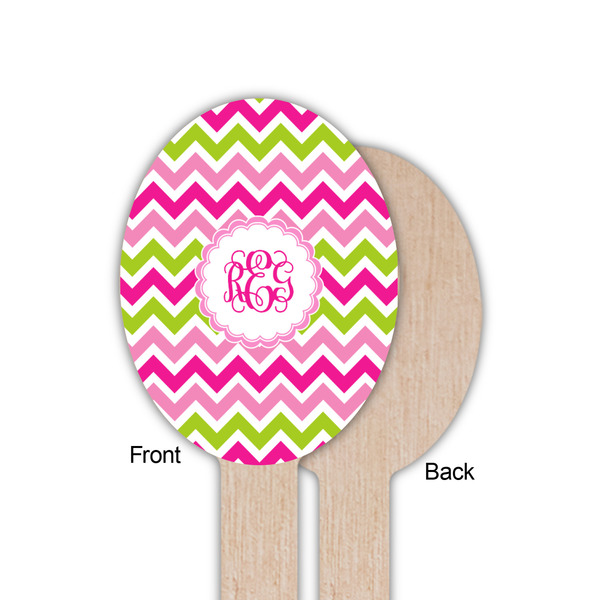 Pink & Green Chevron Wooden Food Pick - Oval - Single Sided - Front & Back