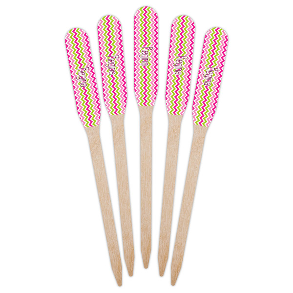 Pink & Green Chevron Wooden Food Pick - Paddle - Fan View