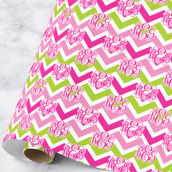 Custom Pink & Green Chevron Wrapping Paper Roll - Large (Personalized)
