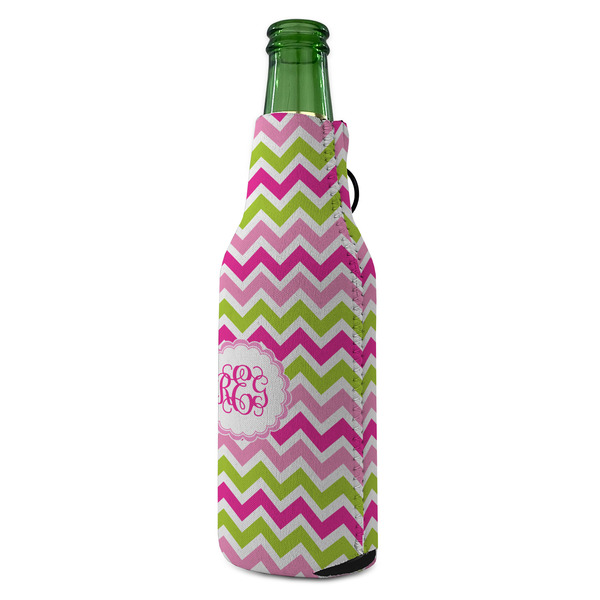 Pink & Green Chevron Zipper Bottle Cooler - ANGLE (bottle)