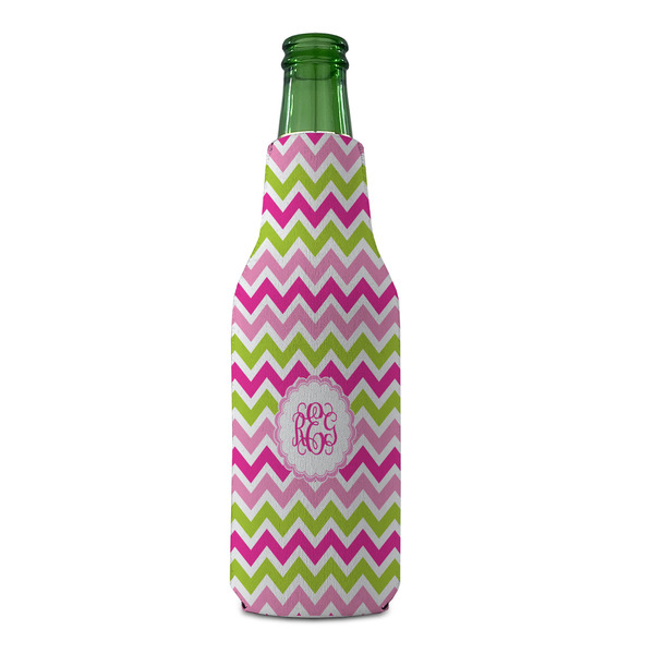 Pink & Green Chevron Zipper Bottle Cooler - FRONT (bottle)