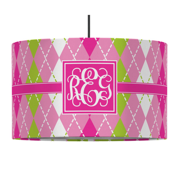 Custom Pink & Green Argyle 12" Drum Pendant Lamp - Fabric (Personalized)