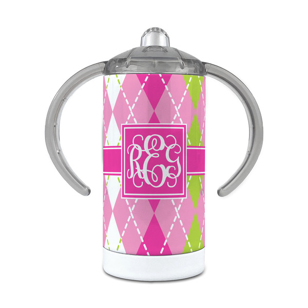 Custom Pink & Green Argyle 12 oz Stainless Steel Sippy Cup (Personalized)