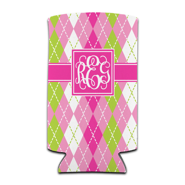 Custom Pink & Green Argyle Can Cooler (tall 12 oz) (Personalized)