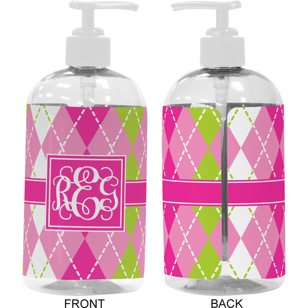 Pink & Green Argyle 16 oz Plastic Liquid Dispenser- Approval- White