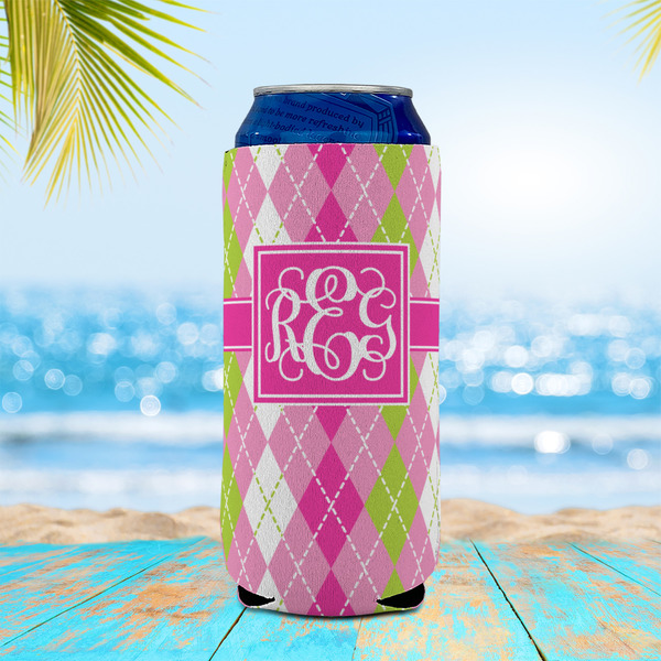 Pink & Green Argyle 16oz Can Sleeve - LIFESTYLE