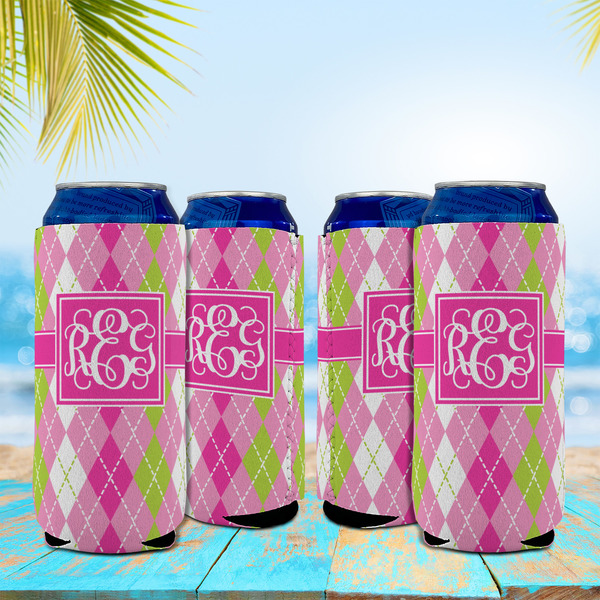 Pink & Green Argyle 16oz Can Sleeve - Set of 4 - LIFESTYLE