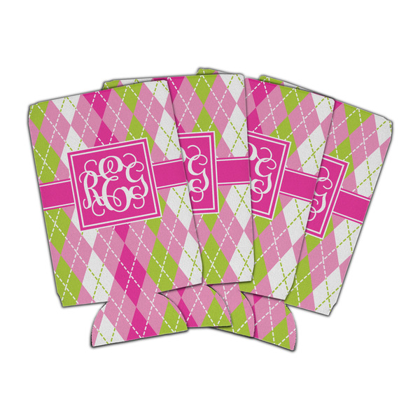 Custom Pink & Green Argyle Can Cooler (16 oz) - Set of 4 (Personalized)