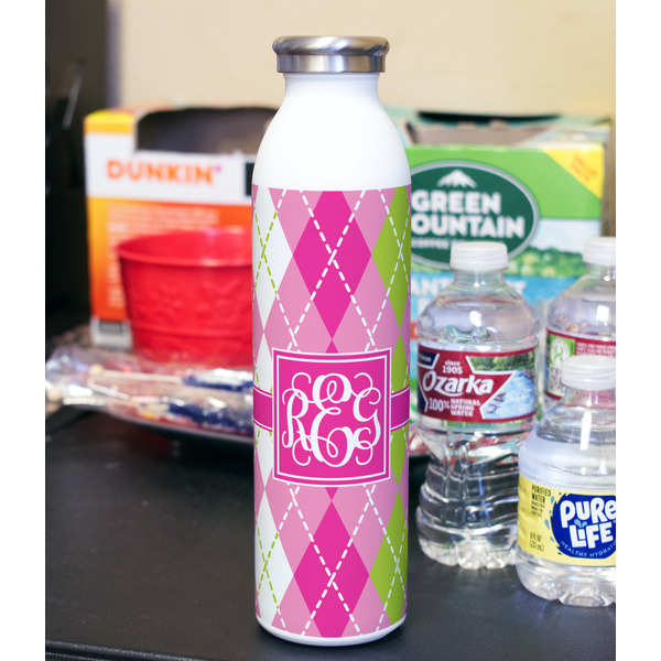 Pink & Green Argyle 20oz Water Bottles - Full Print - In Context