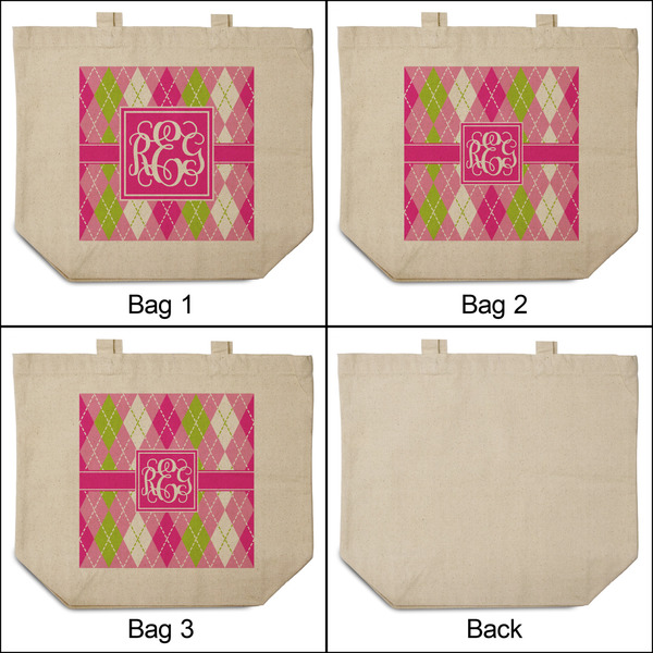 Pink & Green Argyle 3 Reusable Cotton Grocery Bags - Front & Back View