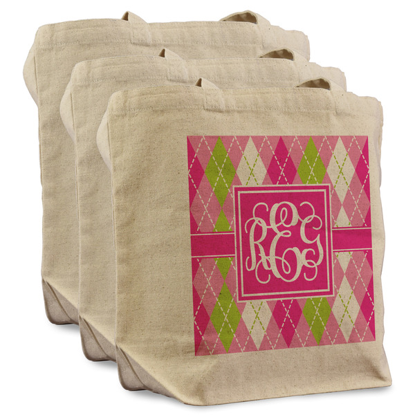Custom Pink & Green Argyle Reusable Cotton Grocery Bags - Set of 3 (Personalized)