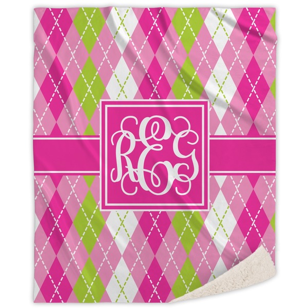 Custom Pink & Green Argyle Sherpa Throw Blanket - 50"x60" (Personalized)
